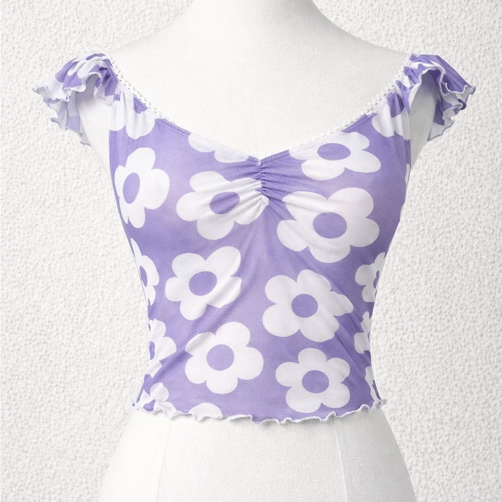 Sugar Thrillz Purple Daisy Mesh Crop Top – Coquette Fairycore Y2K S